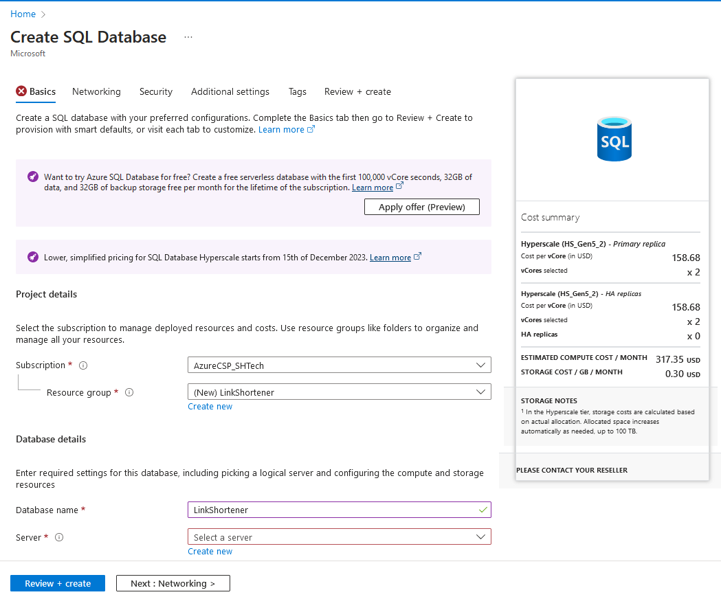 create azure database configuration 1