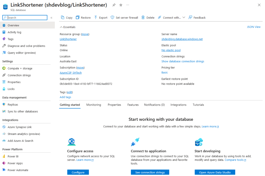 create azure database overview