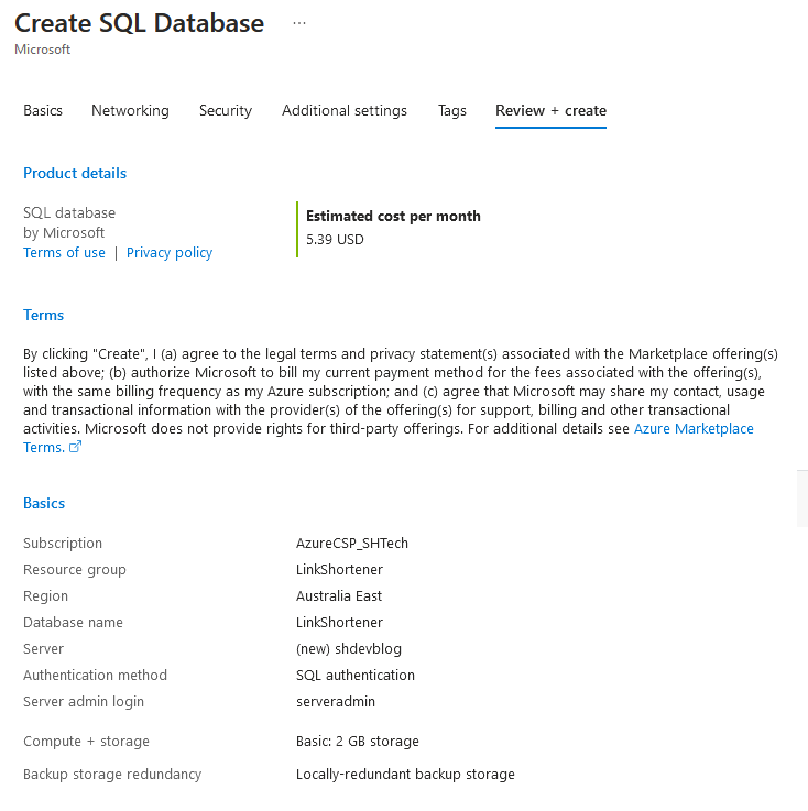 create azure review and create 1