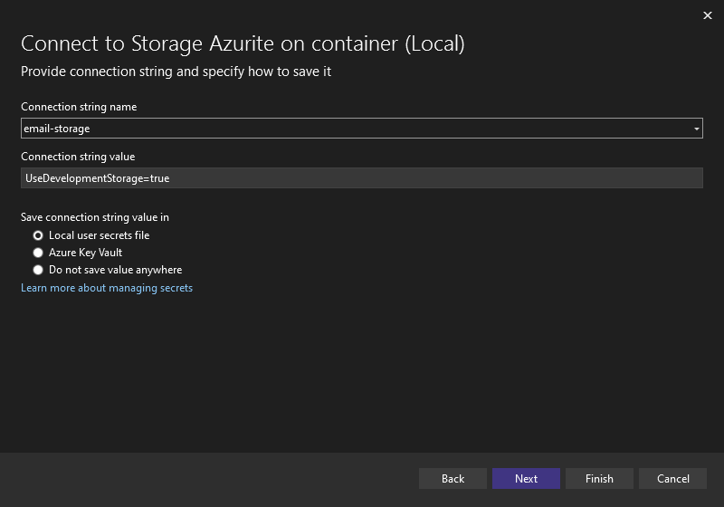 azure functions dependencies azurite container connection strings