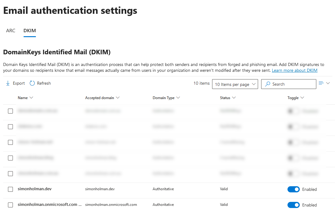 office365 domain dkim settings enabled